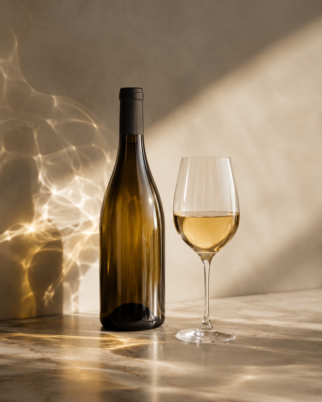 A wine bottle and a filled glass set up for a blind tasting