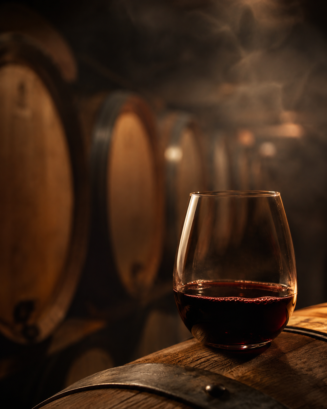 A glass of red wine in a hazy barrel cellar